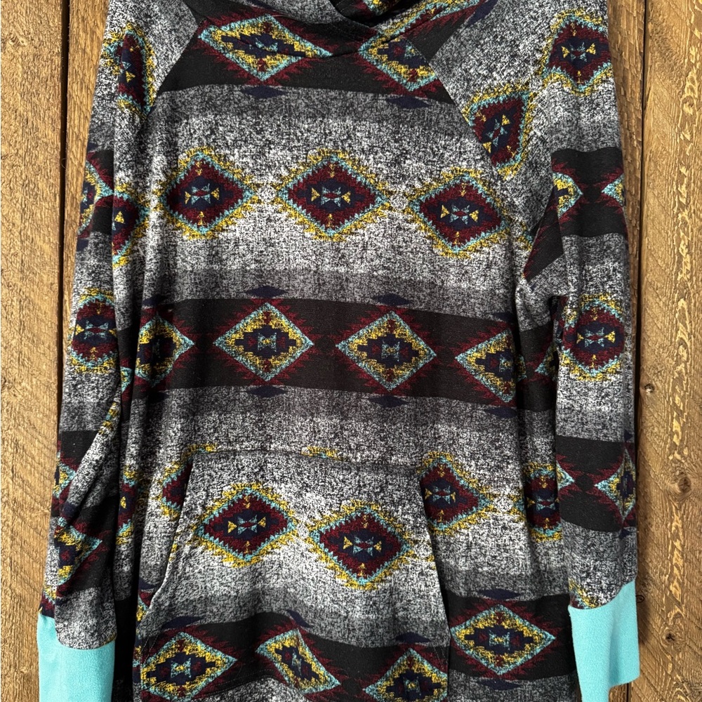 Lularoe Geometric Patterned Hoodie with Turquoise Accents